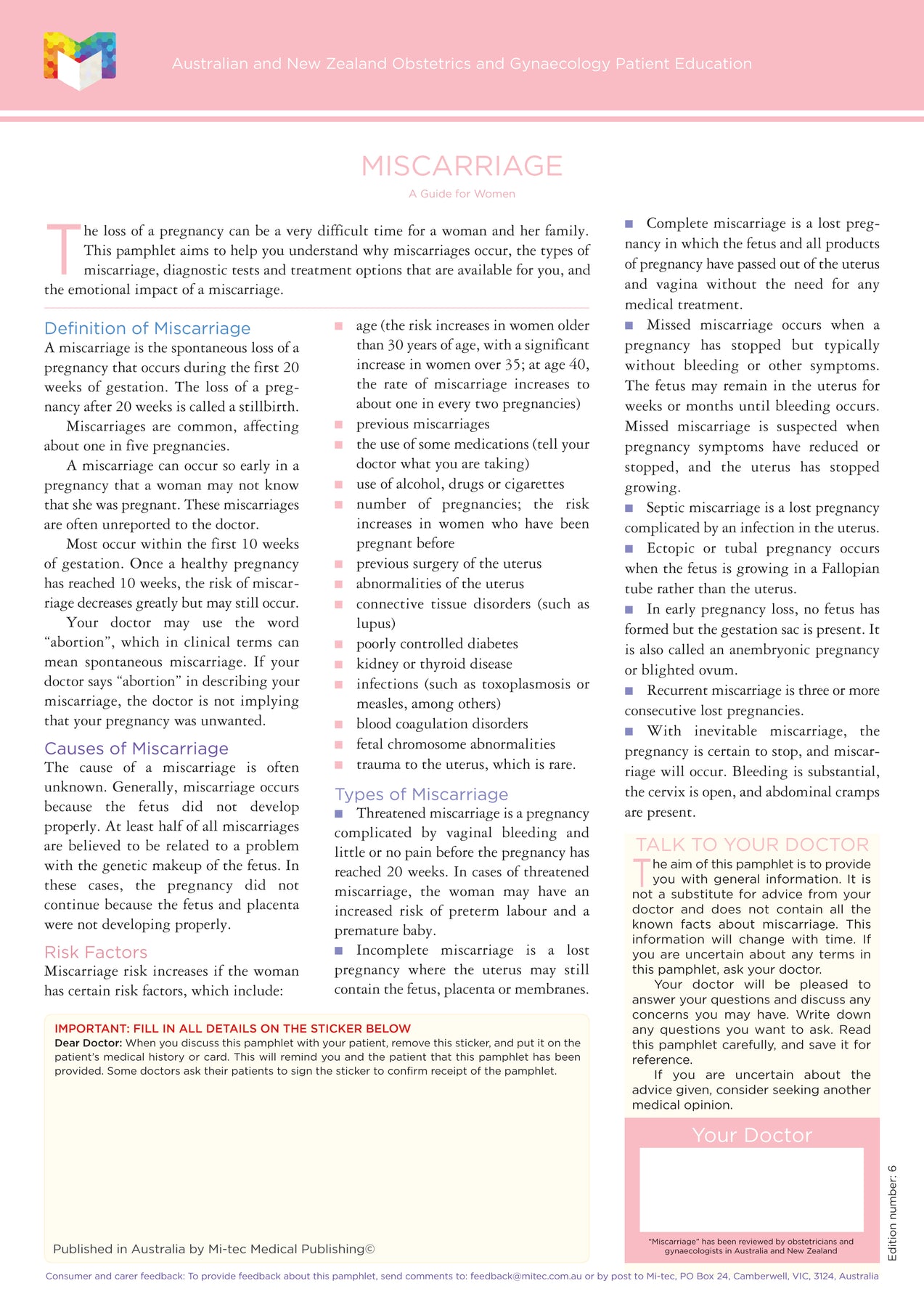 Obstetrics & Gynaecology Patient Education Pamphlets | Mi-tec Medical ...